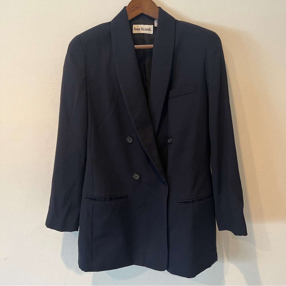 Vintage Anne Klein II Navy Wool Oversized Double Breasted Blazer Shoulder Pads - Picture 2 of 9